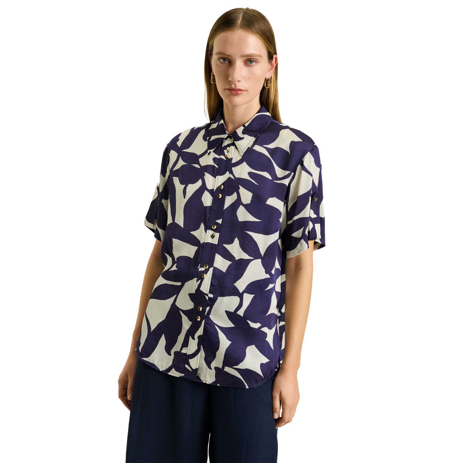 Veronika Maine Ink Shadow Leaf Satin Shirt